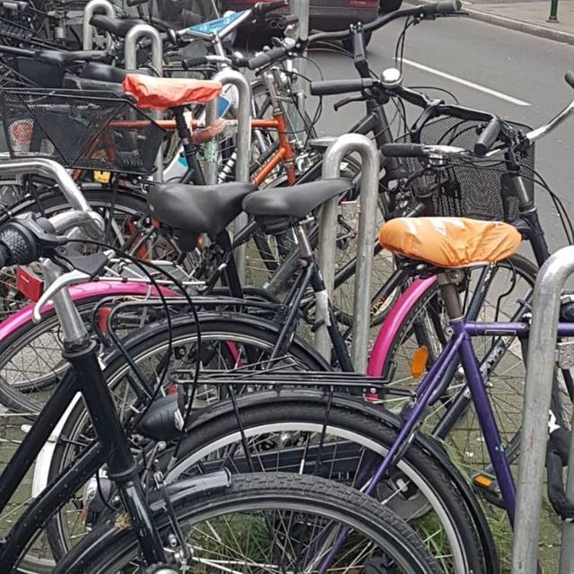Mehrere Fahrräder stehen an einem Fahrradständer an einer Straße in Düsseldorf.