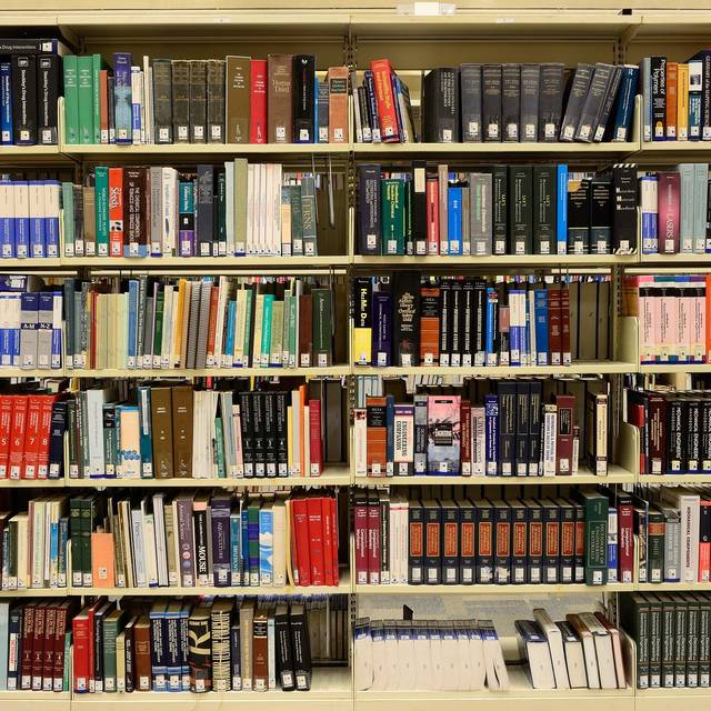 Ein volles Bücherregal in einer Bücherei.