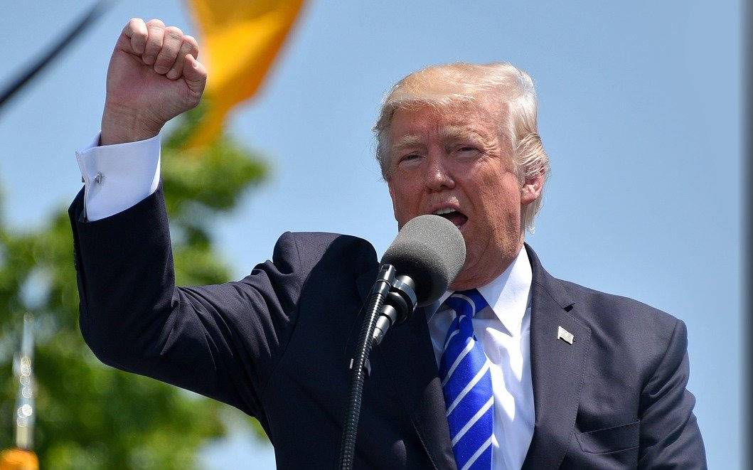 Donald Trump spricht in ein Mikro und hält die rechte Faust nach oben.