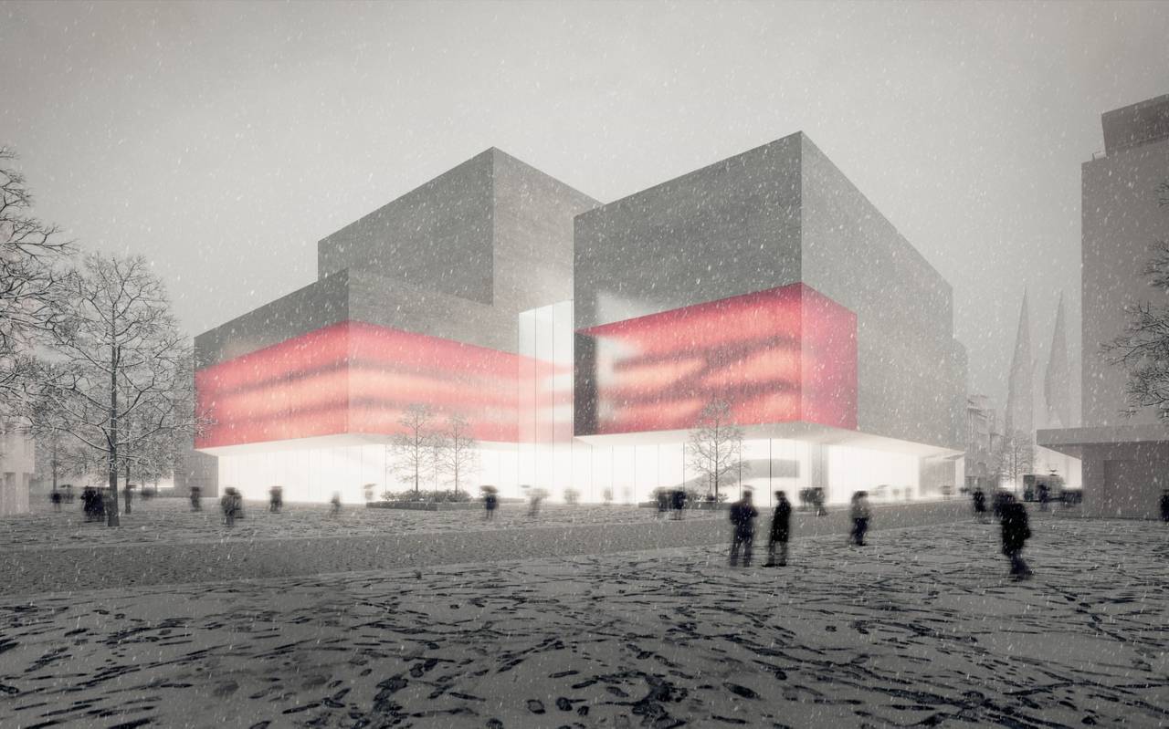 Idee für ein mögliches Opernhaus am Wehrhahn mit großem Gebäude und roter Beleuchtung.