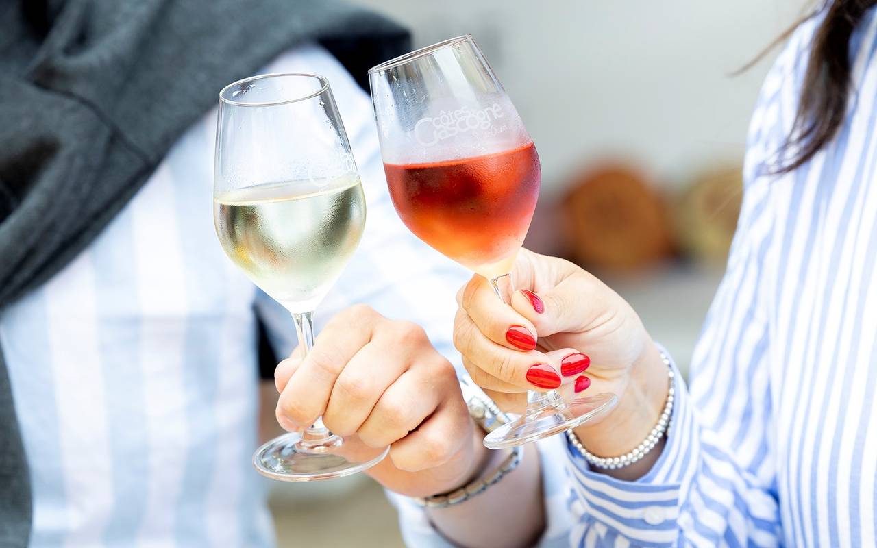 Zwei Weingläser stoßen aneinander, einmal Rotwein, einmal Weißwein