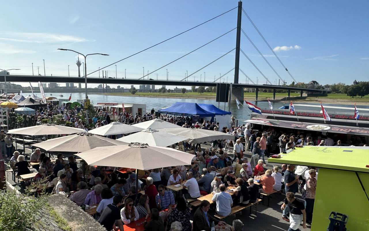Blick auf den voll besuchten Fischmarkt am Düsseldorfer Rheinufer im Sonnenschein. Im Hintergrund ist die Oberkasseler Brücke und der Rhein zu sehen.