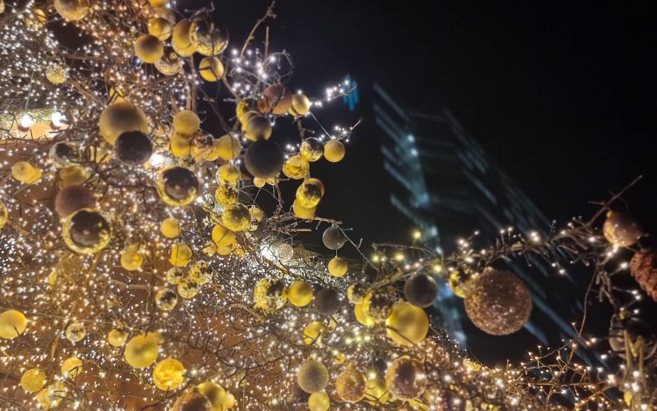 Gelber Weihnachtsschmuck und Lichter in einem Baum.