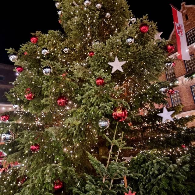 Geschmückter Weihnachtsbaum auf dem Marktplatz vor dem Rathaus in der Altstadt auf dem Weihnachtsmarkt Düsseldorf.