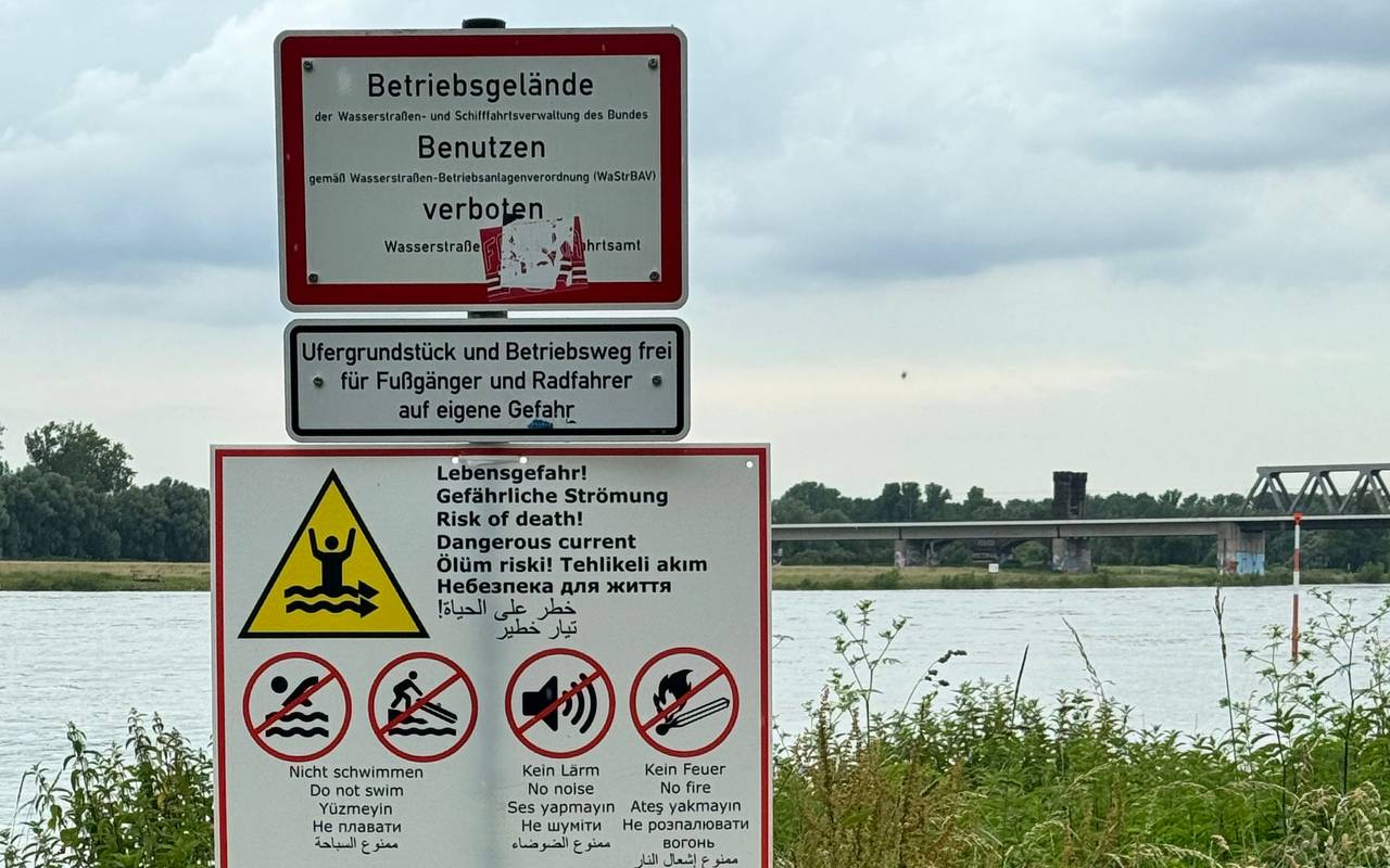 Hinweisschilder warnen vor dem Baden im Rhein.