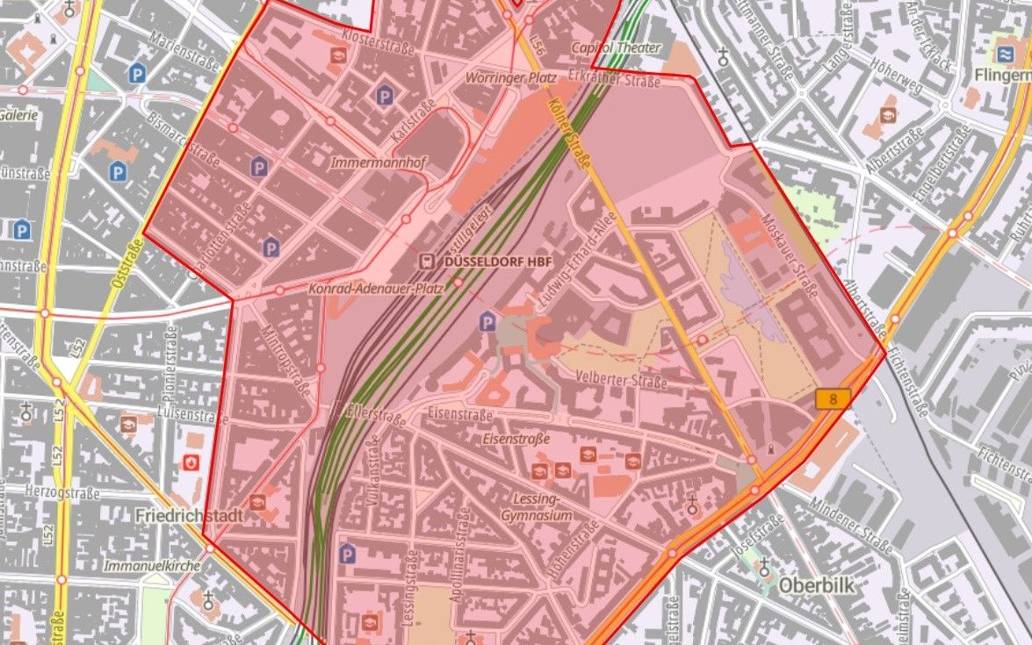 Der Bereich des Projekts "Sicherheit im Bahnhofsumfeld" ist in der Karte rot markiert.