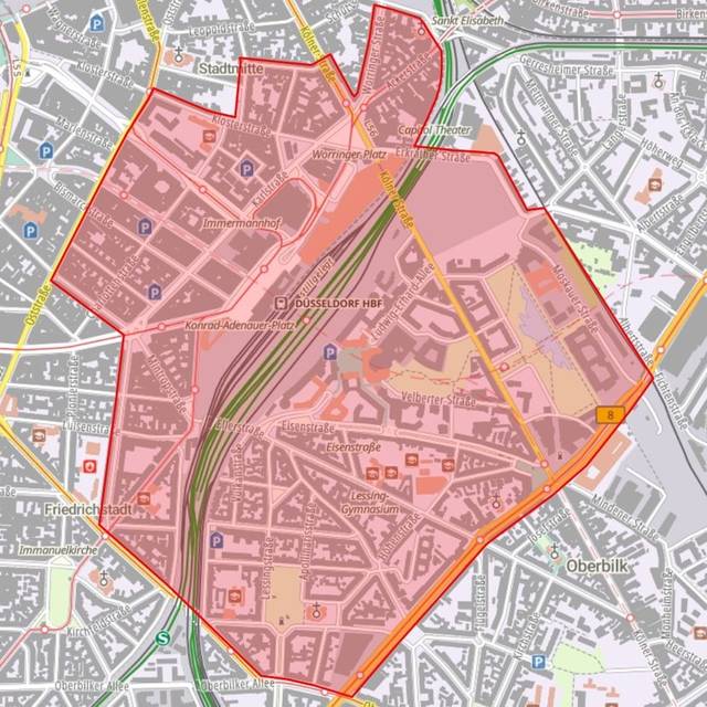 Der Bereich des Projekts "Sicherheit im Bahnhofsumfeld" ist in der Karte rot markiert.