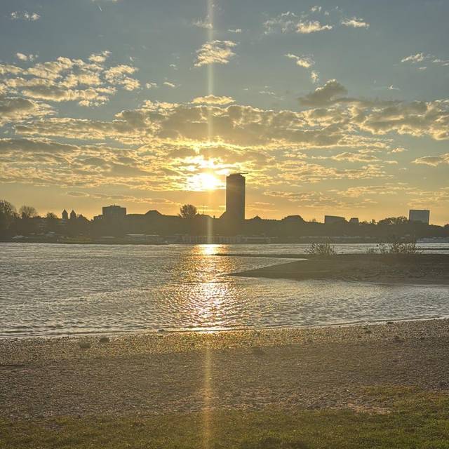 Die Skyline von Düsseldorf in der Abendsonne.