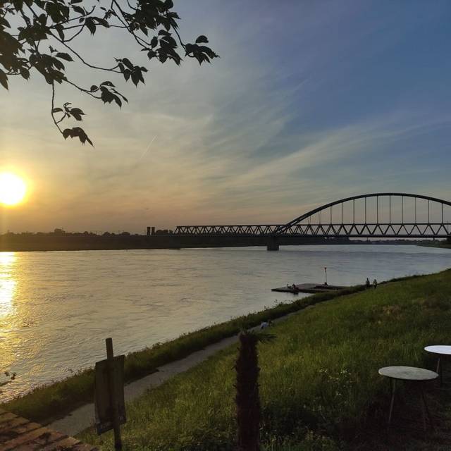 Die Eisenbahnbrücke in Hamm im Sonnenuntergang. Die Sonne spielgelt sich im Rhein wider.