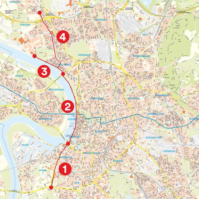 Die erste Radleitroute von Nord nach Süd ist auf einer Stadtkarte von Düsseldorf in roter Farbe eingezeichnet.