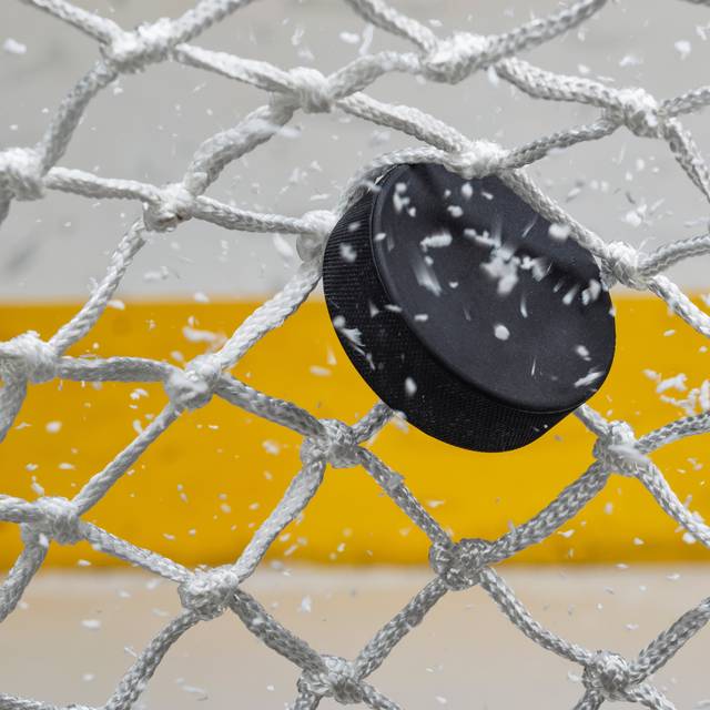 Ein Eishockey-Puck zappelt im Netz eines Eishockey-Tores.