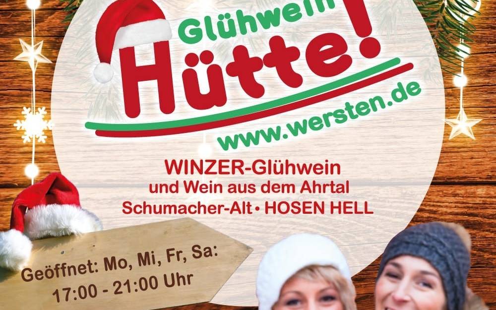 Stadtteil-Weihnachtsmärkte: Werbeplakat für die Glühweinhütte in Wersten.