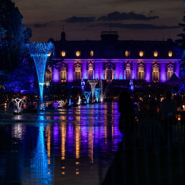 Der Spiegelweiher leuchetet beim Benrather Lichterfest in blau und lila.