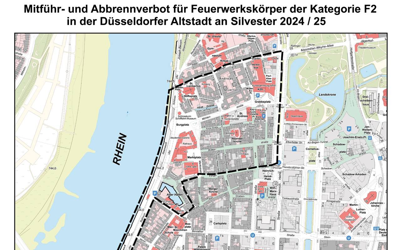 Kartenausschnitt der Düsseldorfer Altstadt. Eingezeichnet ist die Feuerwerkverbotszone in der Altstadt zu Silvester. Der Bereich geht vom Rhein auf der linken Seite in Richtung Innenstadt auf der rechten Seite.