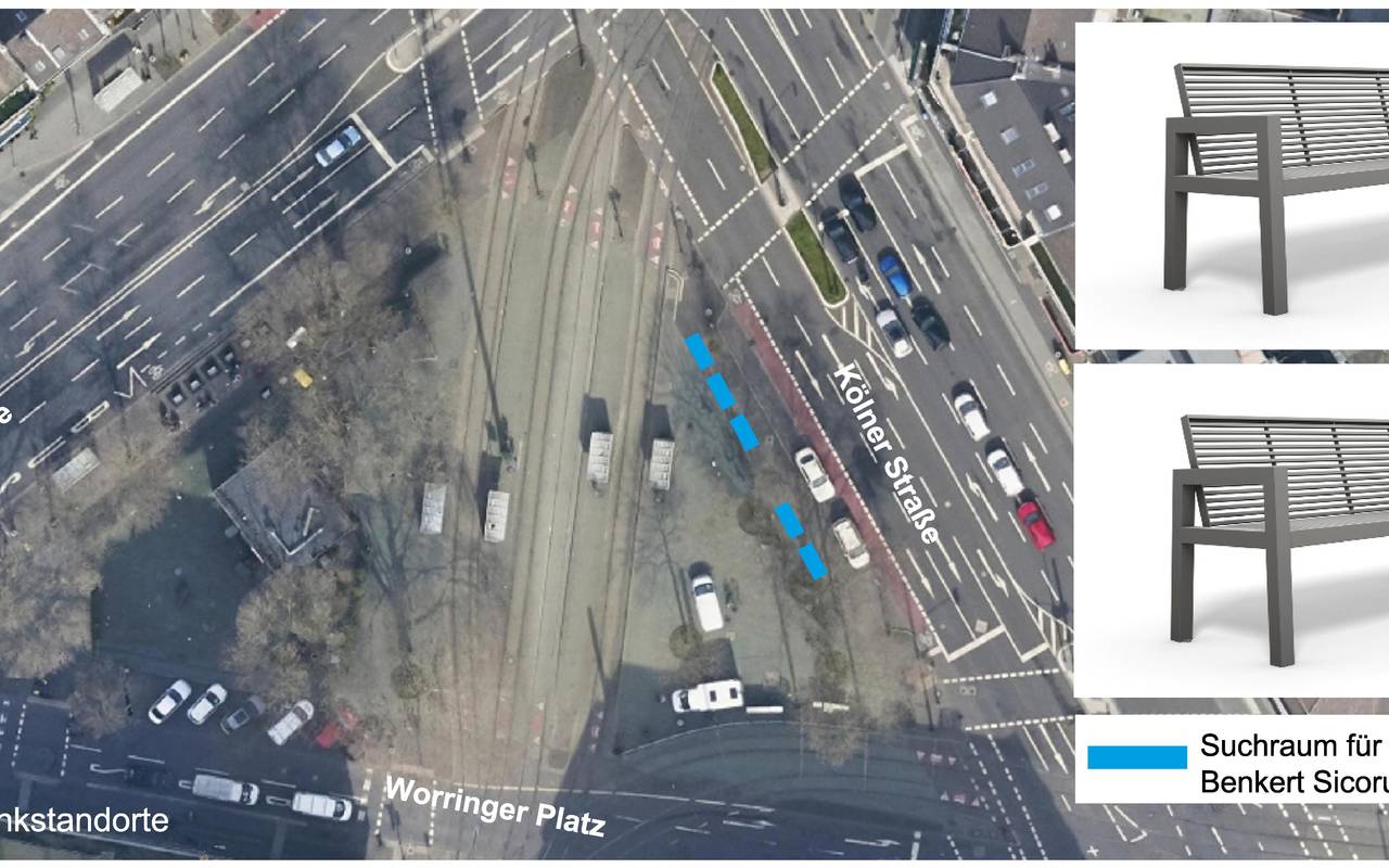 Visualisierung möglicher Standorte und Beispiele der neuen Bänke am Worringer Platz