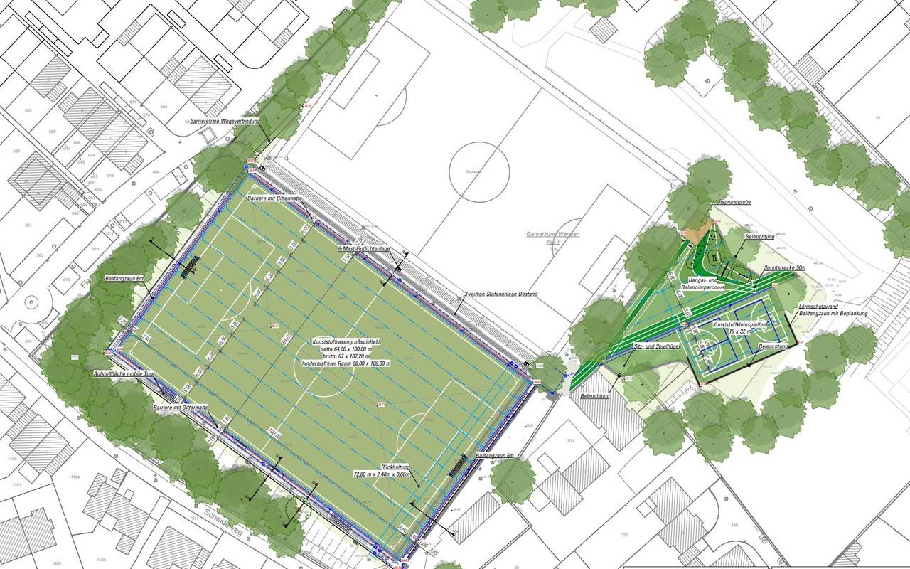 Eine farbige Skizze vom neuen Kunstrasenplatz auf der Sportanlage von Wersten 04. Die Skizze wurde aus der Perspektive von oben angefertigt.