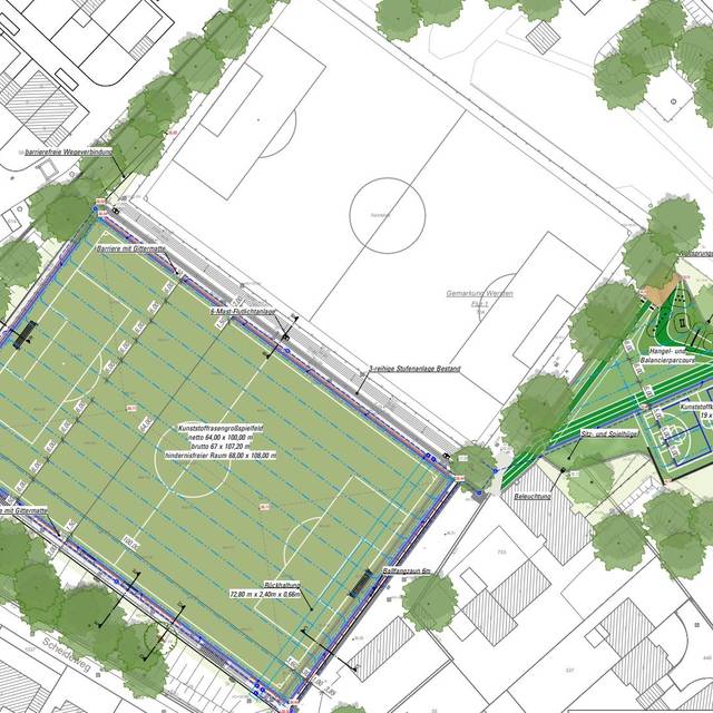 Eine farbige Skizze vom neuen Kunstrasenplatz auf der Sportanlage von Wersten 04. Die Skizze wurde aus der Perspektive von oben angefertigt.