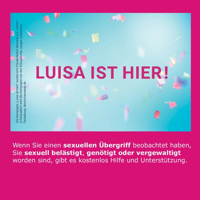 Ein Flyer der frauenberatungsstelle düsseldorf e.V. . Er weist auf die Aktion"Luisa ist hier" hin.
