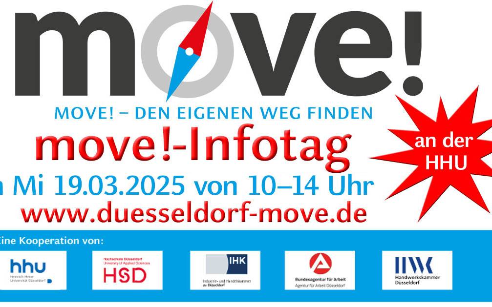 Info-Flyer zum move!-Infotag der Heinrich-Heine-Uni 2025. Im Fokus der HHU-Beratungsangebote am 19. und 25. März steht die Frage, wie man mit den Zweifeln umgeht und diese sogar als Chance begreift.