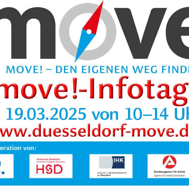 Info-Flyer zum move!-Infotag der Heinrich-Heine-Uni 2025. Im Fokus der HHU-Beratungsangebote am 19. und 25. März steht die Frage, wie man mit den Zweifeln umgeht und diese sogar als Chance begreift.