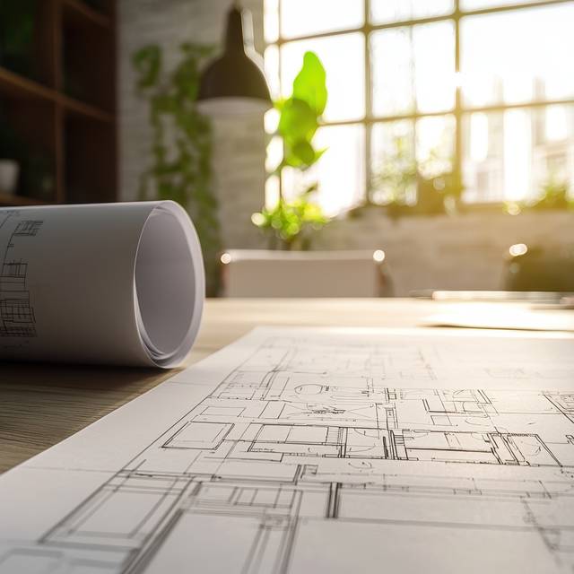 Architektenrollen und Architekturplan mit technischen Projektzeichnungen, die eine professionelle Planungs- und Gestaltungsumgebung hervorheben.