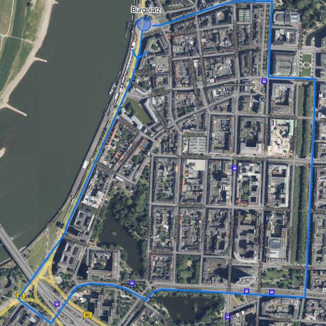 Luftaufnahme der Düsseldorfer Innenstadt mit markierter Demoroute