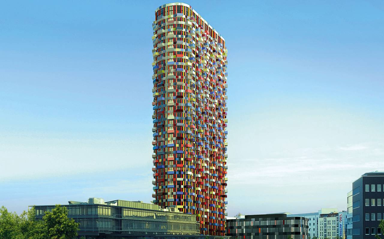 Visualisierung des geplanten "Phönix Tower" am Mörsenbroicher Ei mit seinen bunten Balkonen. Er soll rund 120 Meter hoch werden und wäre damit Düsseldorfs höchstes Wohngebäude.