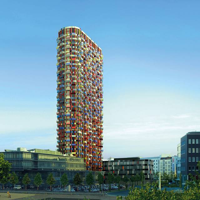 Visualisierung des geplanten "Phönix Tower" am Mörsenbroicher Ei mit seinen bunten Balkonen. Er soll rund 120 Meter hoch werden und wäre damit Düsseldorfs höchstes Wohngebäude.