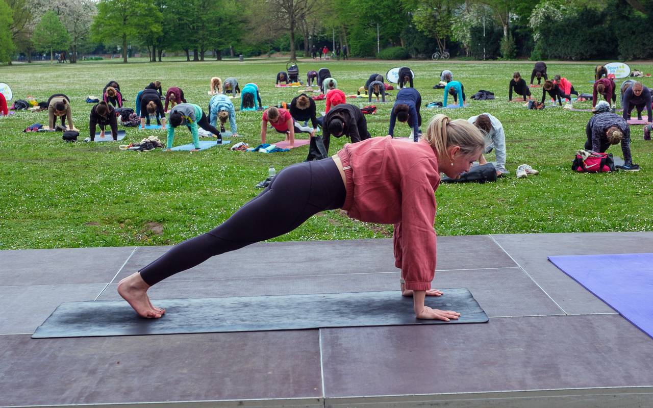 Sportlerinnen und Sportler bei einem Yoga Kurs von Sport im Park.