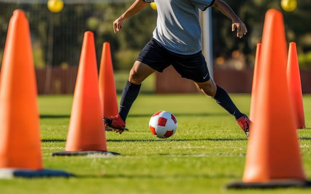 Ein Fußballer beim Training. Er umkurvt mit einem Ball orange Hütchen.