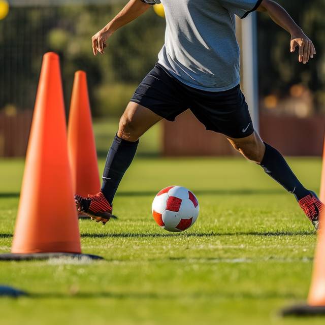 Ein Fußballer beim Training. Er umkurvt mit einem Ball orange Hütchen.
