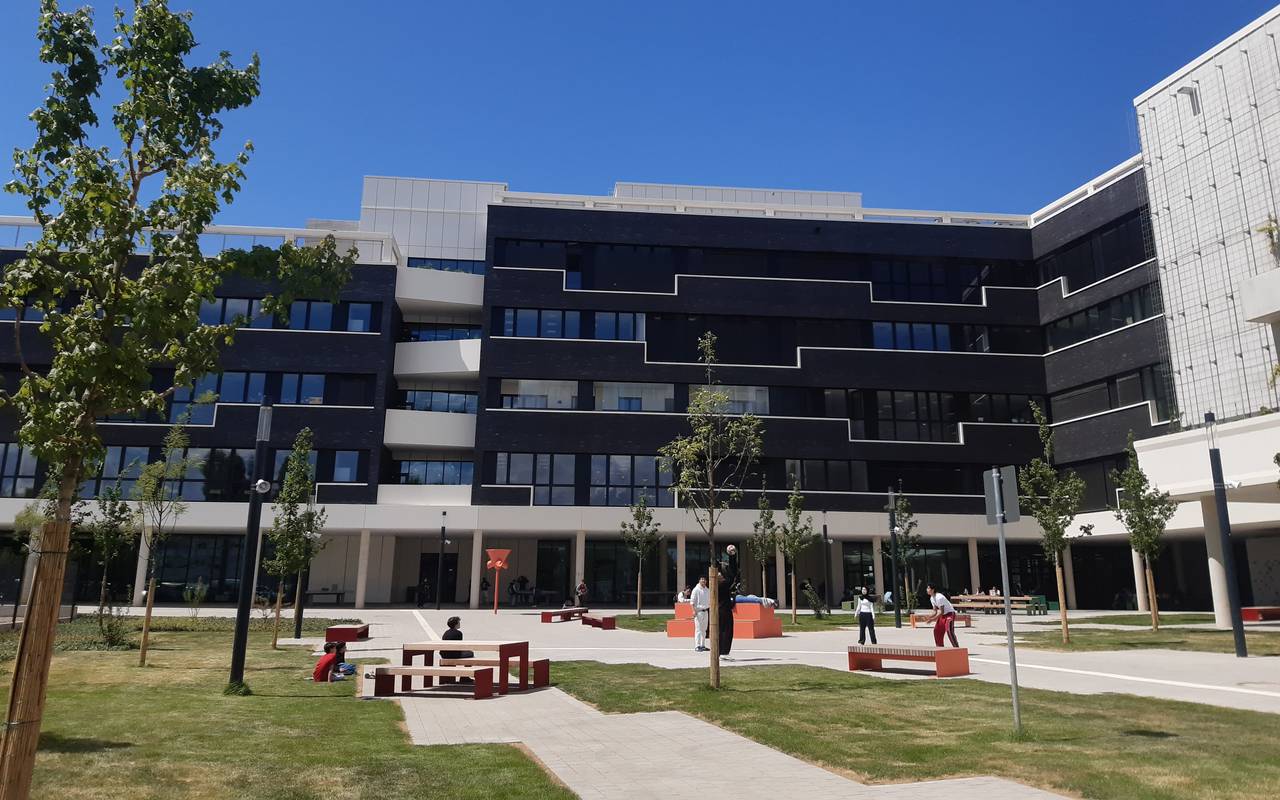 Schulhof mit Spielgeräten und Bäumen, dahinter ein schwarzes Schulgebäude, am Bildrand rechts eine weiße Sporthalle