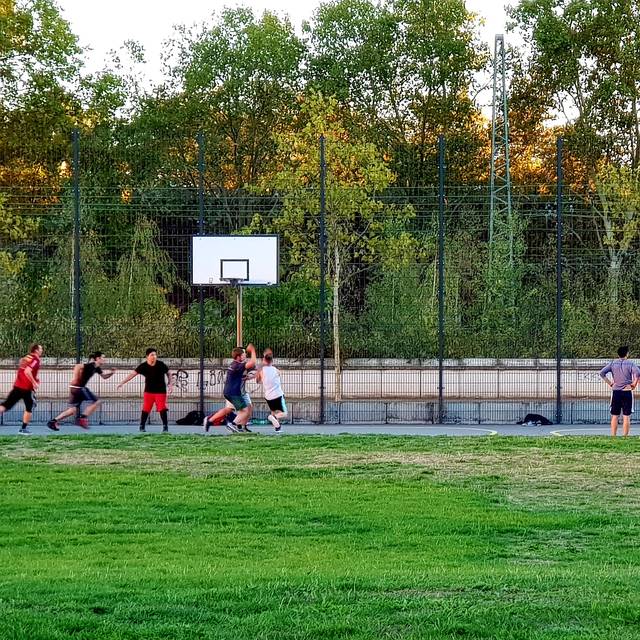Eine Gruppe Jugendlicher spielt Basketball.