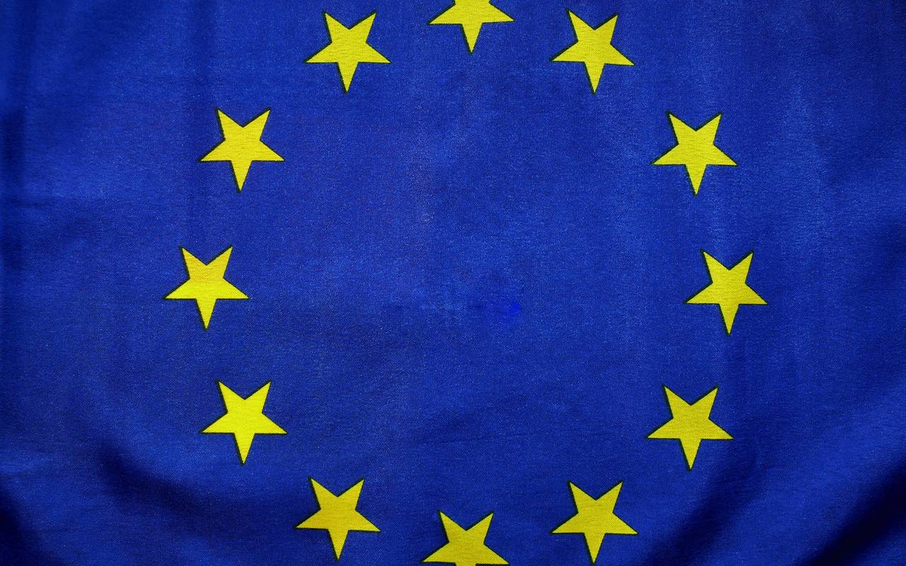 Die Euroflagge mit gelben Sternen auf blauem Grund.