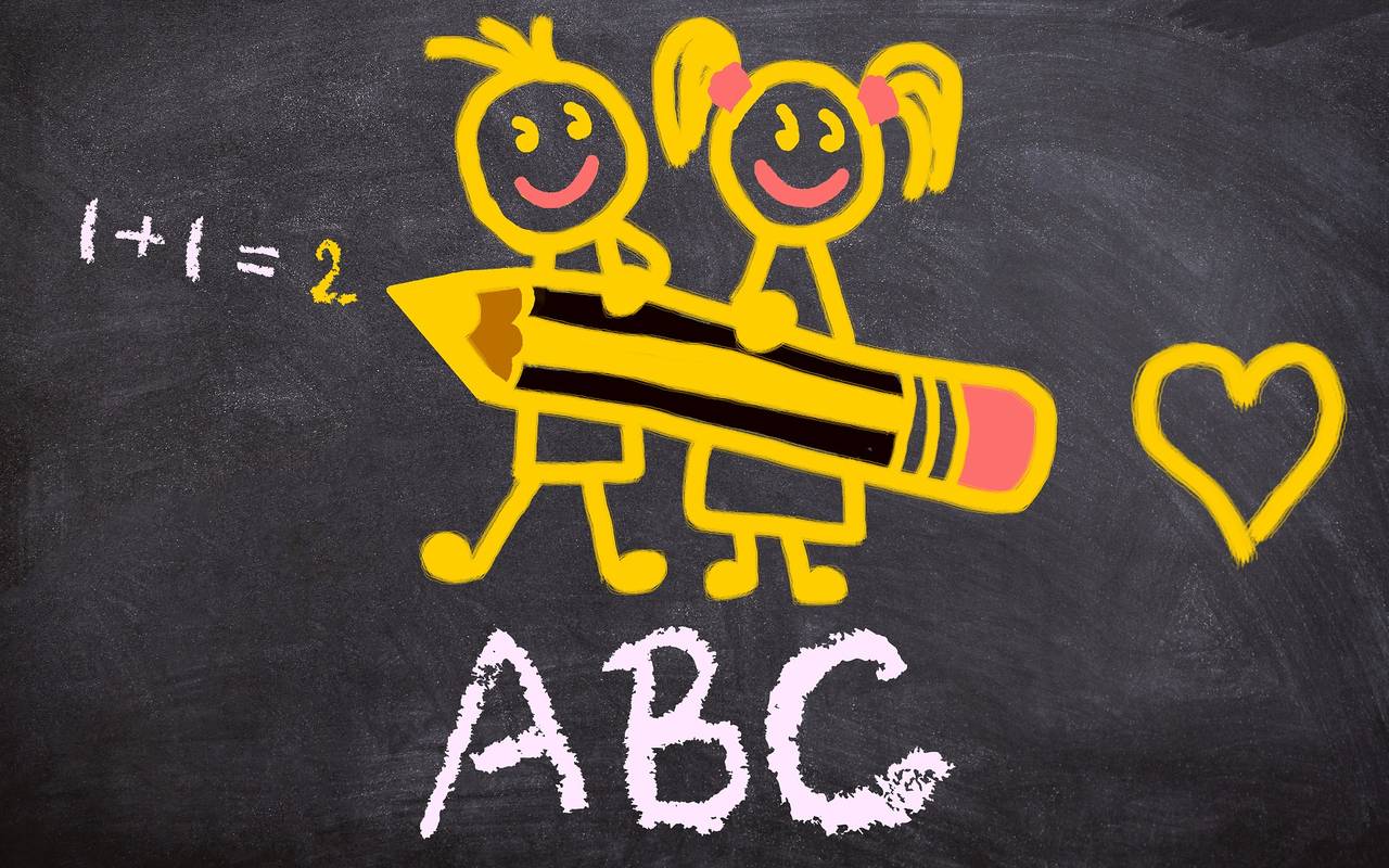 Zwei Kleinkinder halten einen gelben Stift, dazu ein gelbes Herz