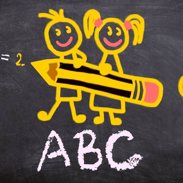 Zwei Kleinkinder halten einen gelben Stift, dazu ein gelbes Herz