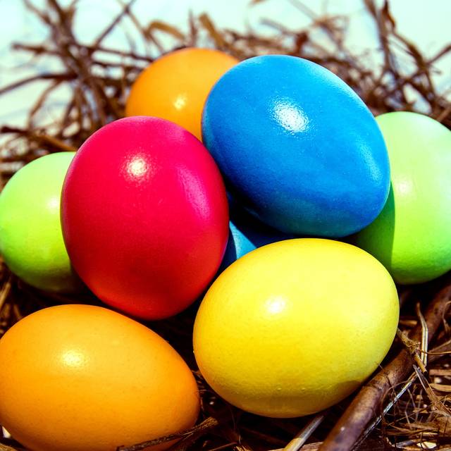 Bunte Ostereier in einem Nest.