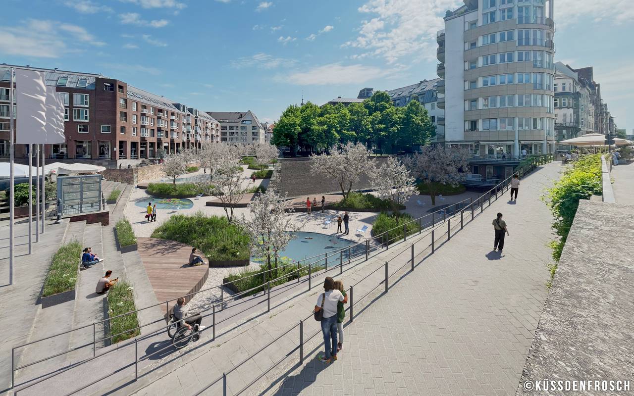 Eine Visualisierung vom neugestalteten alten Hafen" mit Grünflächen, Wasserflächen und Holzplattformen.