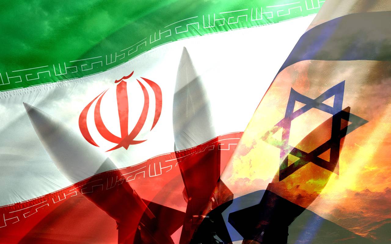 Raketen und Flaggen von Israel und Iran