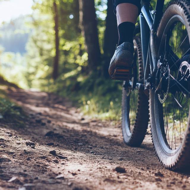 Eine Mountainbike-Strecke mit Fokus auf den Wegmarkierungen, in einer Outdoor-Umgebung mit bewaldeten Hügeln.