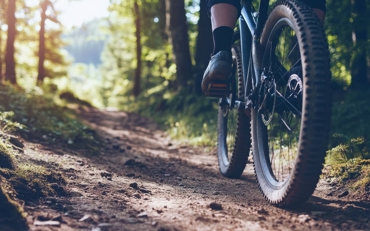 Eine Mountainbike-Strecke mit Fokus auf den Wegmarkierungen, in einer Outdoor-Umgebung mit bewaldeten Hügeln.
