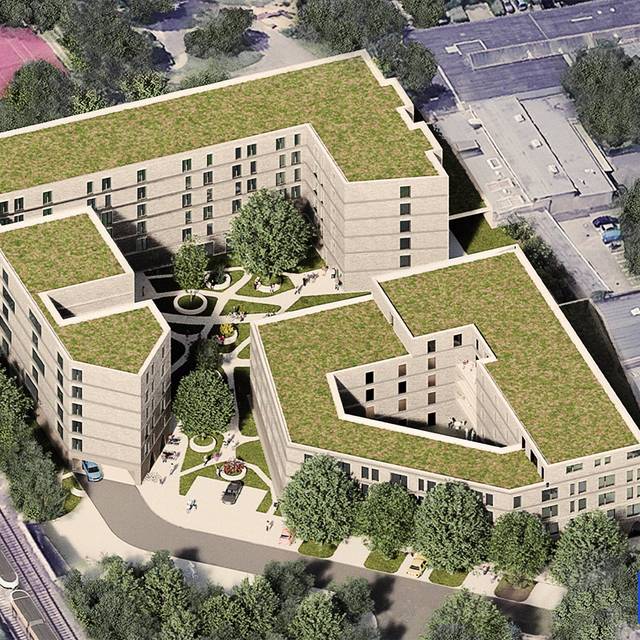 Luftaufnahme eins Entwurfs des geplanten Wohngebiets in Oberbilk an der Emmastraße.