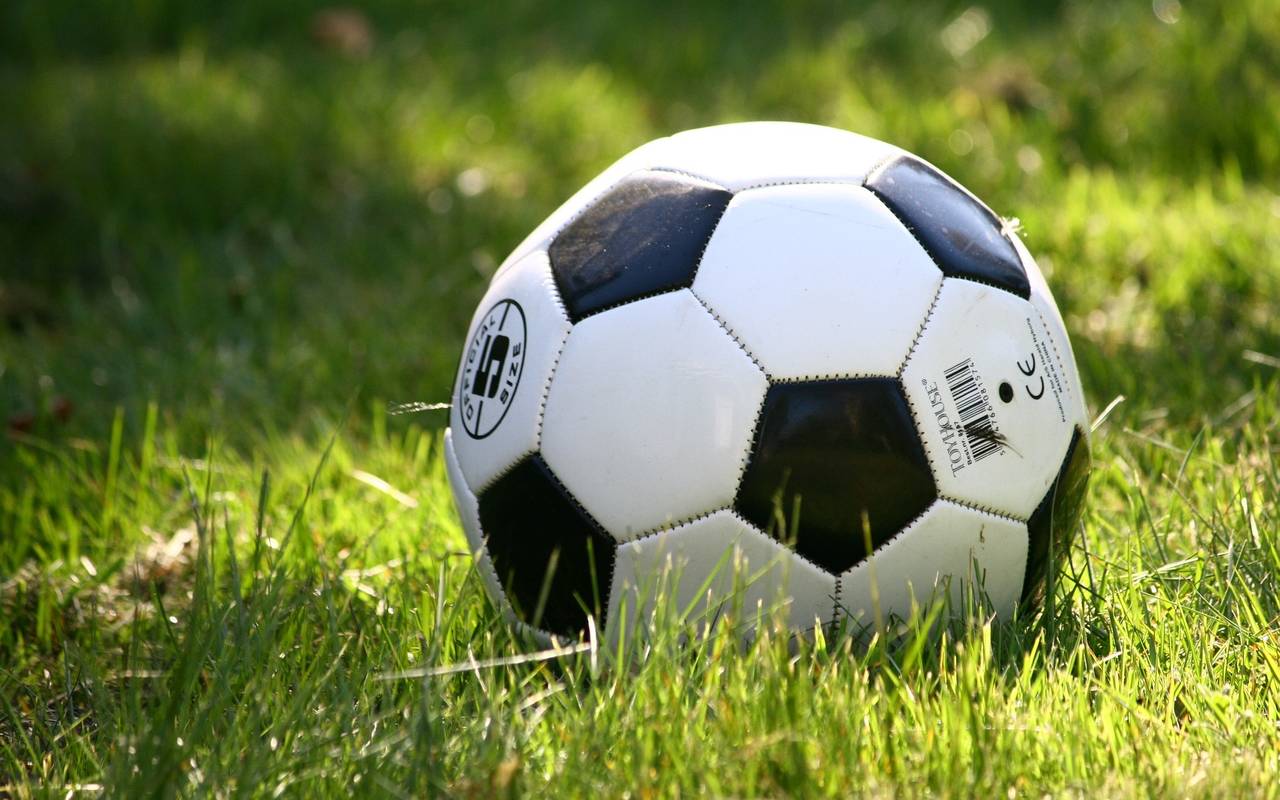 Ein schwarz-weißer Fußball auf grünem Rasen.