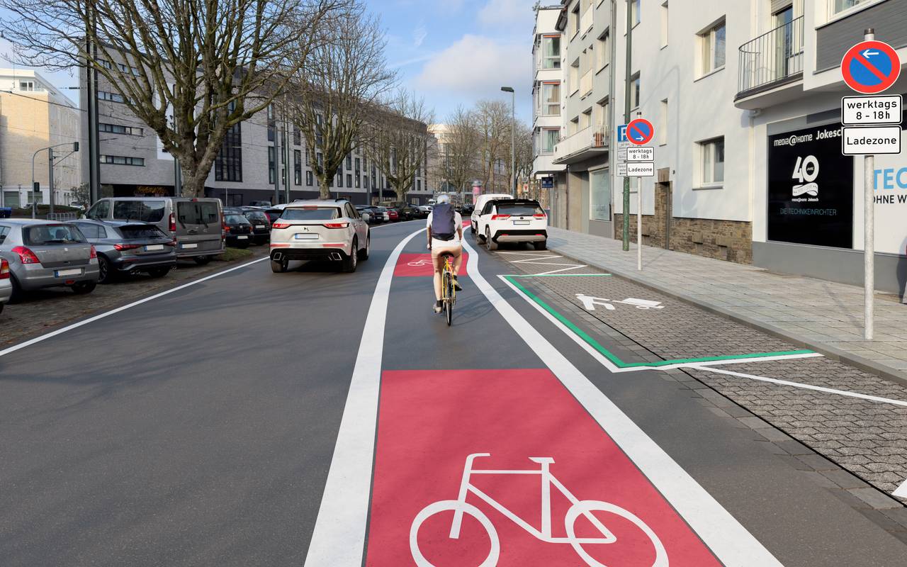 Animation, auf der zu sehen ist, wie ein Radfahrer in Zukunft über die neue Rad-Leitroute fahren wird. Im Bild zu sehen ist der Radweg auf der Hansaallee neben parkenden und fahrenden Autos.