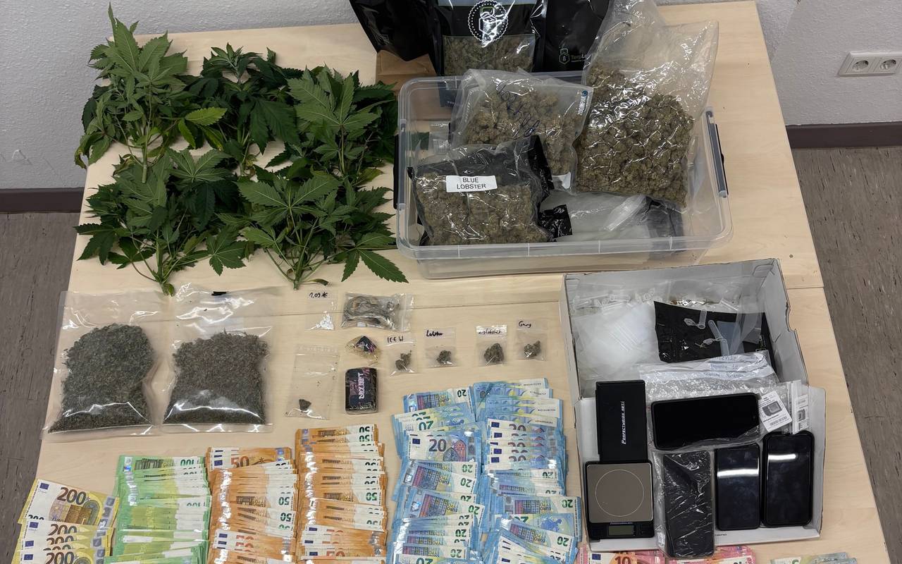 Drogen, andere Betäubungsmittel und über 20.000€ Bargeld liegen nebeneinander auf einem Brett bei der Polizei. Die vielen Geldscheine reichen von 5€ bis 200€.