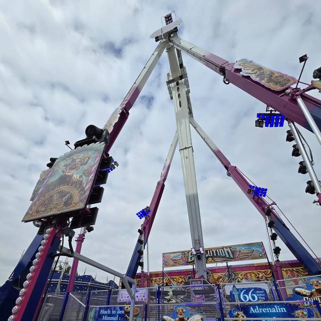 Die Risenschaukel "Evolution" steht auf der Düsseldorfer Rheinkirmes. Es sind Plakate angebracht, dass das Fahrgeschäft mit 140 km/h in bis zu 66 Metern Höhe unterwegs ist.