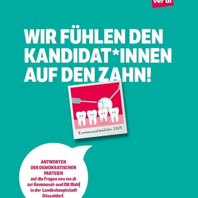 Das Deckblatt der ver.di Broschüre zur Kommunalwahl "Wir fühlen den Kandidat*innen auf den Zahn".