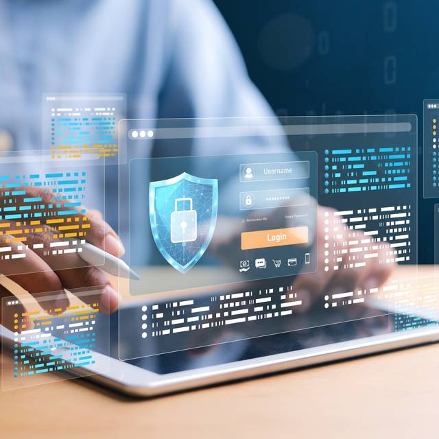 Symbolische Darstellung von Cyber-Sicherheit, Login, Benutzer, Verschlüsselung und sicherem Zugriff auf persönliche Daten.