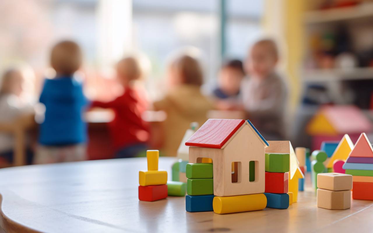 Bausteinspielzeug und unscharf spielende Kinder im Hintergrund in einer Kindertagesstätte, einem Kindergarten oder einer Vorschule