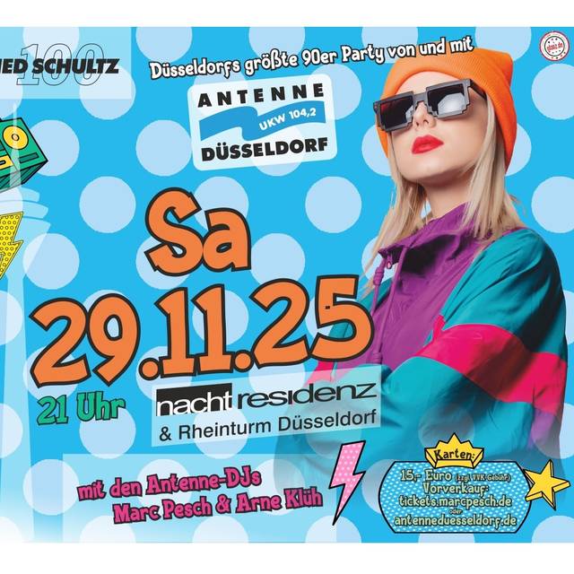 Ein Flyer, der auf die nächste 90er-Party von Antenne Düsseldorf hinweist.